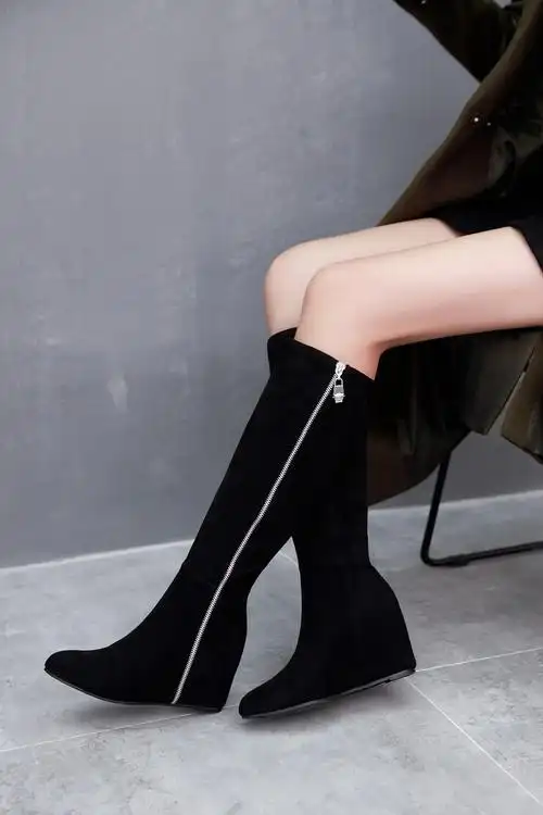 真皮坡跟内增高长靴欧美尖头高跟骑士靴磨砂皮羊皮秋冬高筒靴女靴