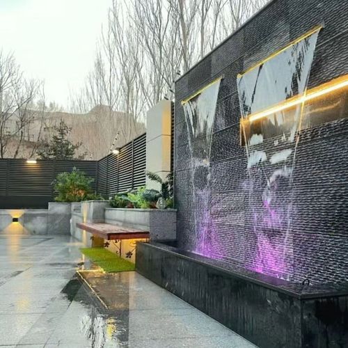 周末岛人造瀑布出水口叠水景观花园鱼池不锈钢流水墙水幕墙鱼缸庭院