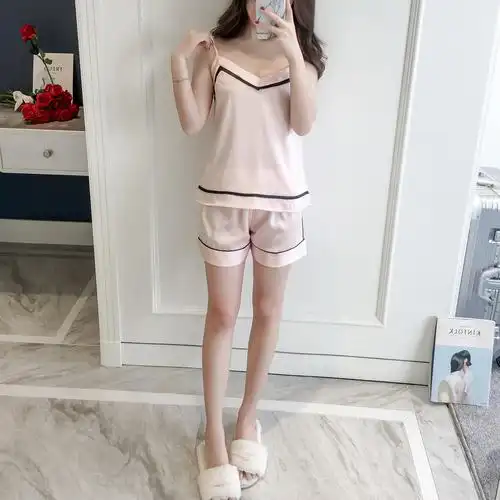 新款简约女士高档丝绸柔软光滑透气吊带上衣短裤睡衣套装居家服夏