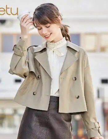 百图betu2022春新品韩版宽松炸街小个子短款风衣外套女卡其m
