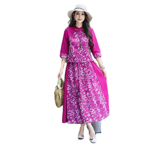 中国风套装民族风文艺复古棉麻套装裙表演裙两件套修身春秋夏大码