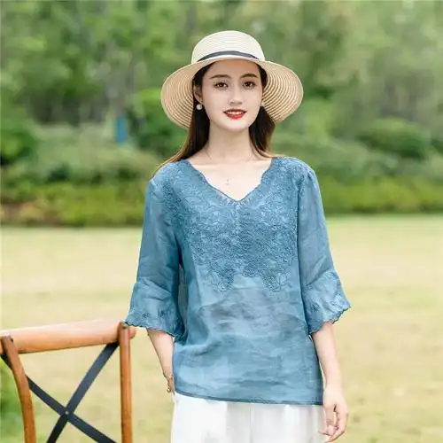 纯苎麻上衣女高端短袖