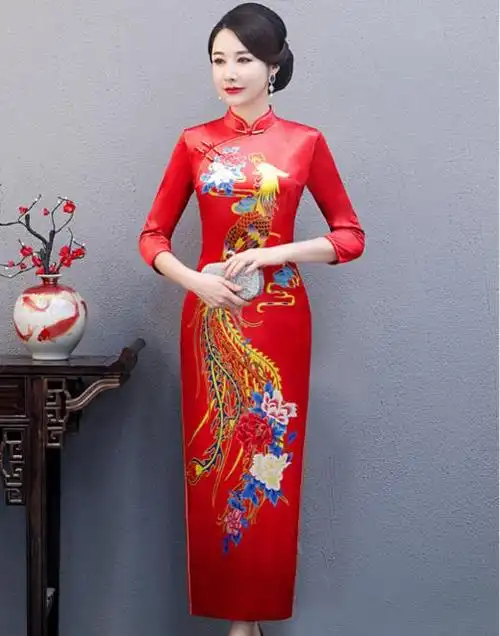 yr 83326 爆款走秀金丝绒旗袍长款九分袖定位印花凤凰