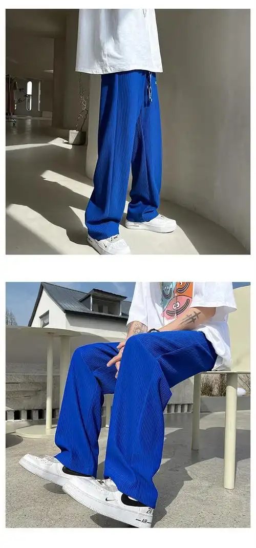 擎宾@克莱因蓝裤子小众设计感条纹冰丝阔腿裤男垂感夏季薄款刺绣休闲