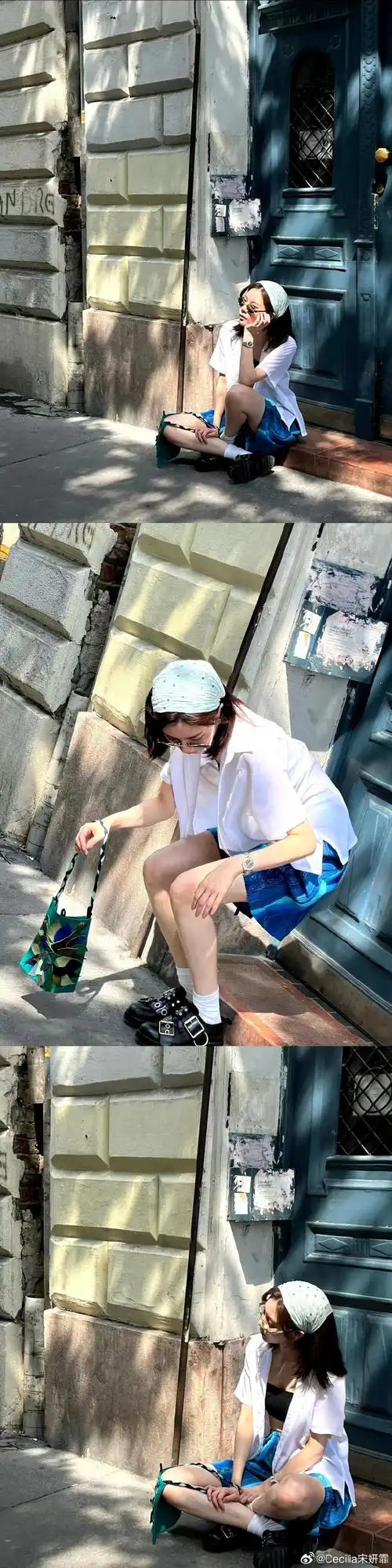 宋妍霏晒旅游明信片##宋妍霏抹胸露腰装