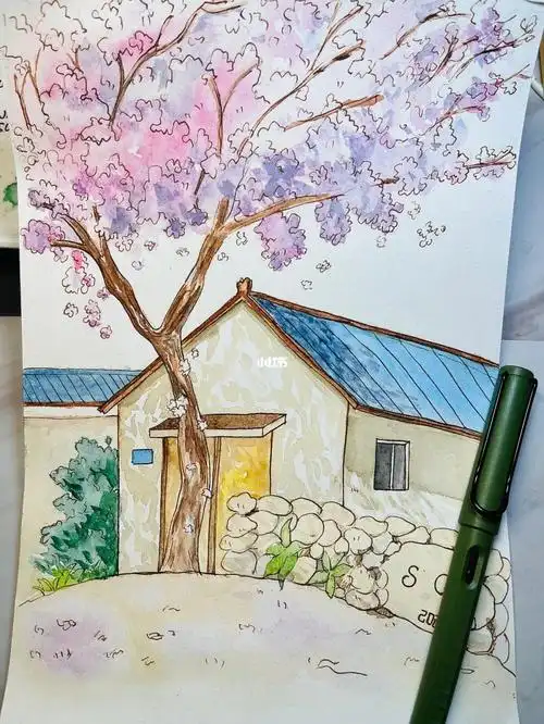 樱花树下凌美钢笔淡彩手绘