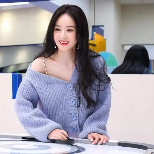 赵丽颖明星同款蓝色毛衣女宽松露肩v领开衫灯笼袖针织短外套上衣