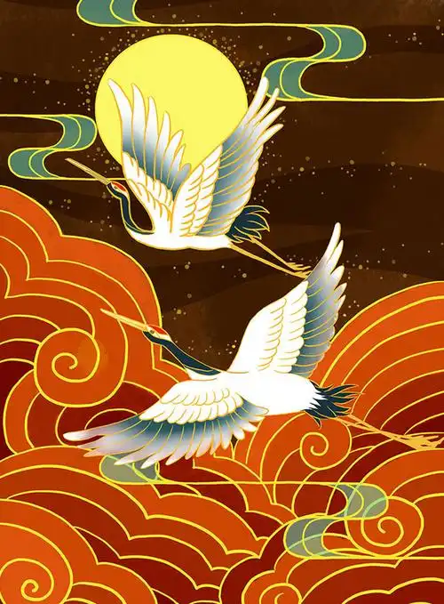 复古中国风古建筑龙国潮古风鱼国粹仙鹤嫦娥插画手绘海报设计素材淘宝