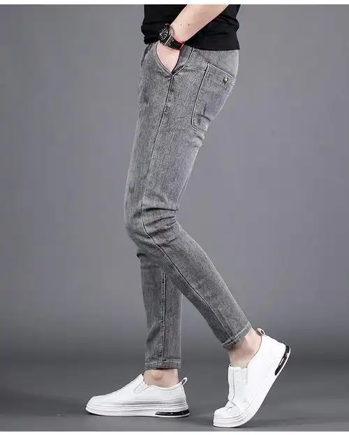 男士收脚裤牛仔裤烟灰色九分男夏季新款修身小脚水洗弹性高端百搭裤子