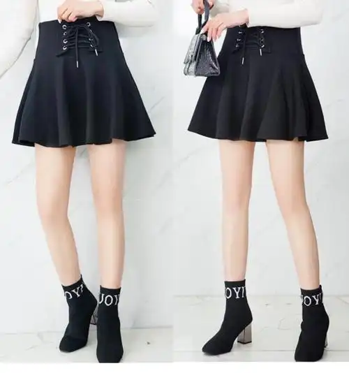 年半身裙女学生大码胖mm高腰显瘦短裙黑色系带款高版本l85105斤左右