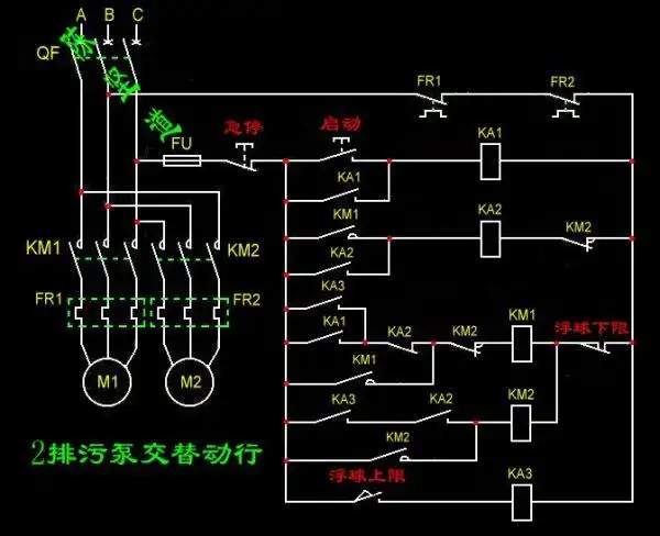 两台排污泵循环启动电路图