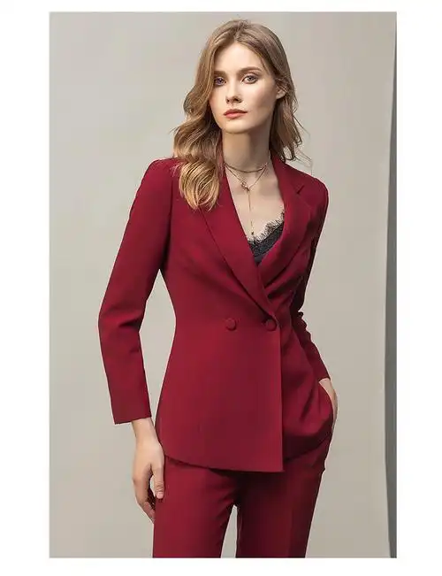 法曼努高端红色职业西装套装女气质双排扣长袖西服商务工装阔腿裤职业