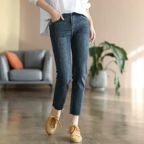 代勒文艺复古全棉水洗棉弹休闲牛仔裤女士宽松显瘦高腰九分铅笔裤