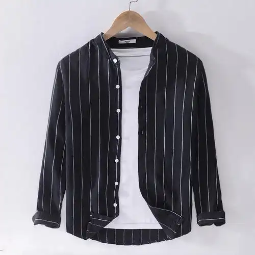 单农亚麻男衬衫立领长袖麻料透气条纹衬衣  设计师男装品牌集合店