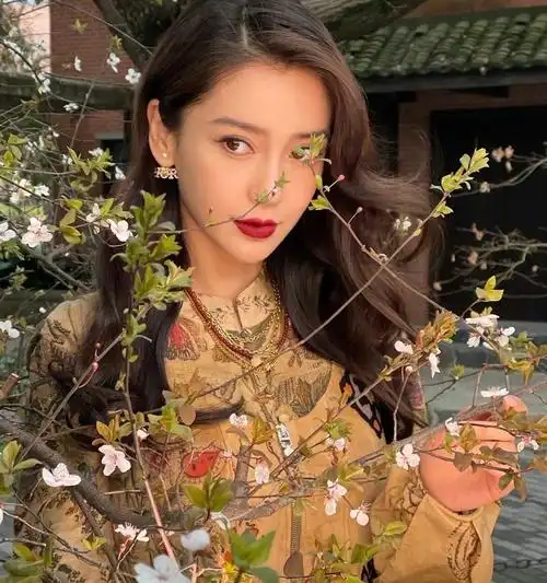 angelababy复古红唇妆容搭配旗袍式繁花长裙温柔低调的港风大小姐