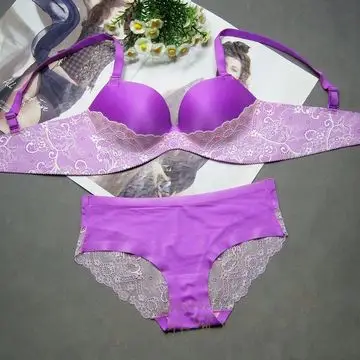 无痕超聚拢厚杯/大波浪薄杯亮紫色蕾丝拼接文胸/内衣/套装