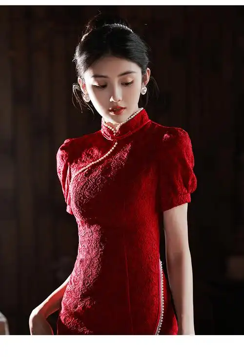 hlhp捡漏特价旗袍敬酒服新娘夏季酒红色订婚礼服连衣裙蕾丝小个子感