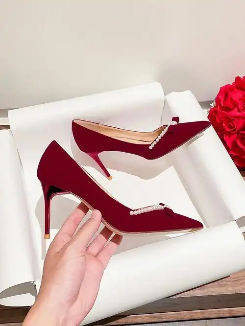 珍珠蝴蝶鞋红色婚鞋高跟鞋婚宴女鞋