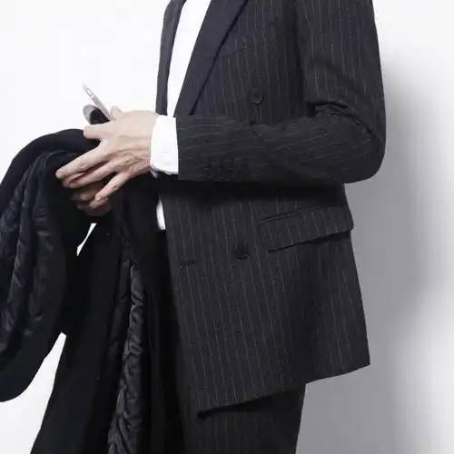 花花公子双排扣条纹西装男套装韩国气质正装修身商务休闲英伦西服男