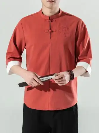 金盾kindon新中式男装中式唐装夏季薄款立领衬衫中国风刺绣盘扣五分