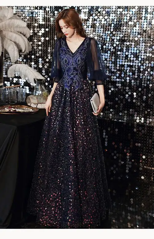 蓝色晚礼服长款2020新款高端宴会气质修身时尚礼服