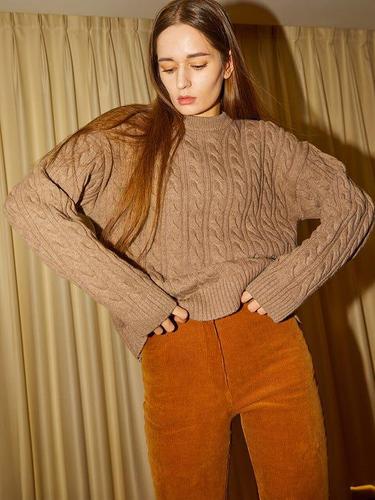 merino wool cable dropped shoulder oversized round knit_brown