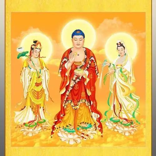 西方三圣接引图佛像画高清大势至观世音菩萨阿弥陀佛画像卷轴挂画