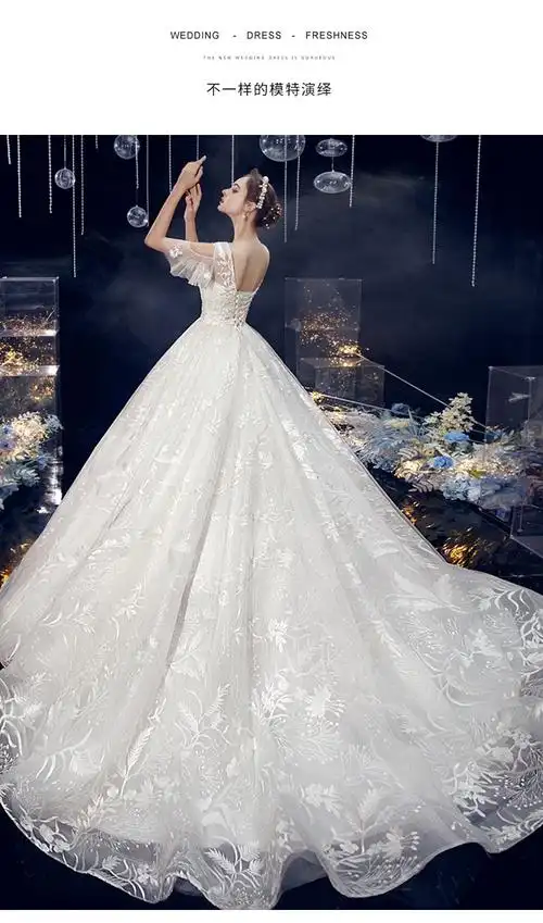 轻主婚纱礼服2021新款新娘结婚梦幻森系显瘦简约齐地蕾丝婚纱大码