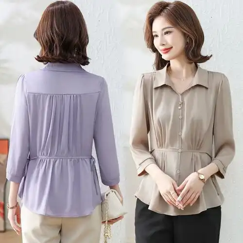 中老年女装春夏八分袖妈妈装翻领上衣小衫洋气打底衫中年女人时尚