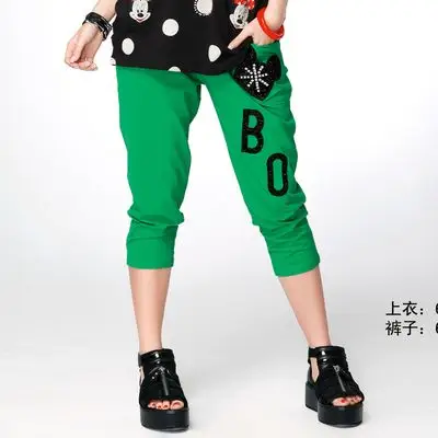 石头鱼休闲彩色裤子胖妹妹高腰松紧腰7分裤透气宽松显瘦小脚裤子