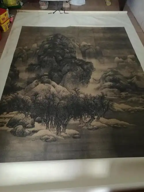 《雪景寒林图》宋代范宽,精心装裱厚纸带卷轴长幅,40x67厘米,古代美术