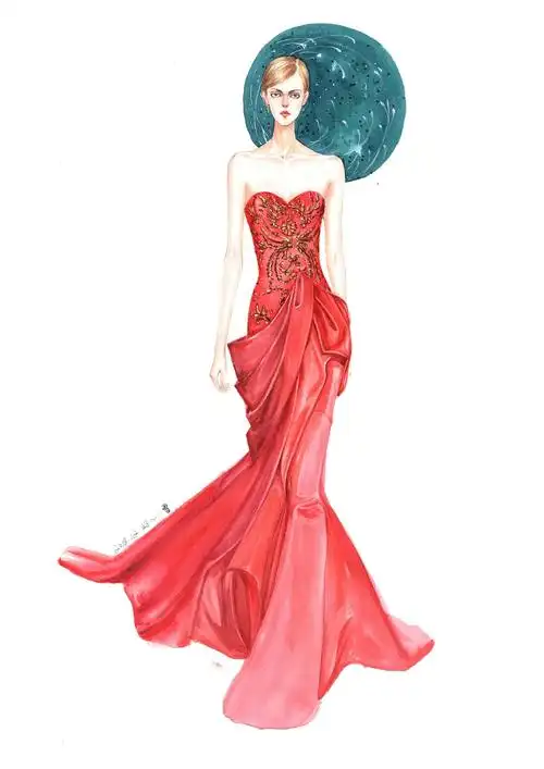服装手绘～水彩～红色礼服