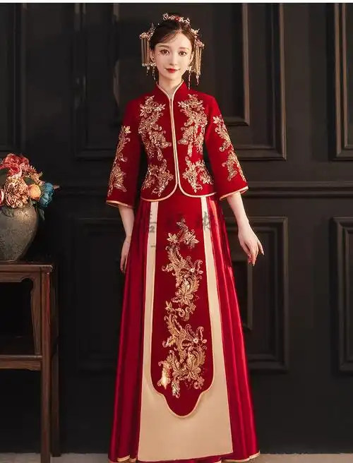 中式婚礼秀禾服敬酒服秀禾服新娘新款结婚中式嫁衣情侣敬酒礼服女丝绒