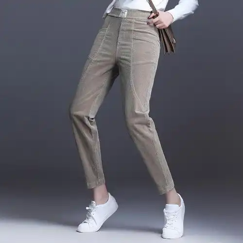 坠感灯芯绒萝卜裤女春秋高腰显瘦小脚哈伦女裤条绒萝卜九分锥形裤