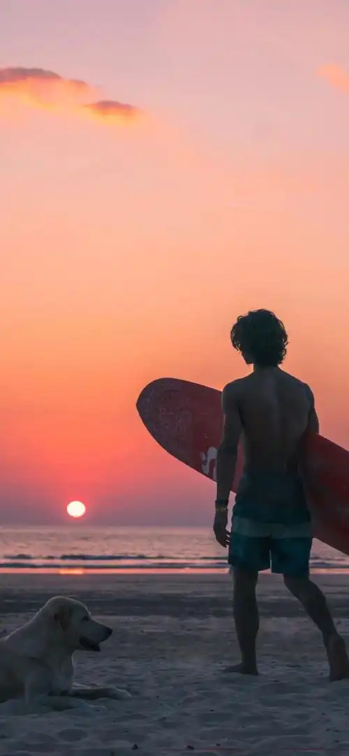 黄昏落日拿冲浪板的少年背影手机壁纸