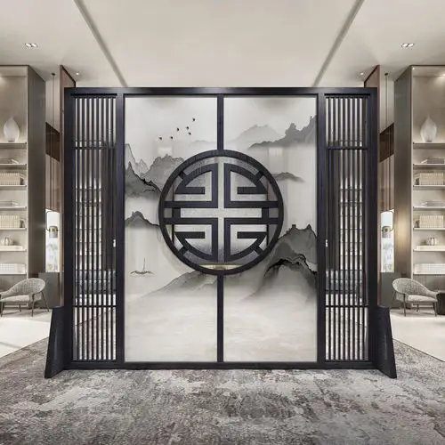 现代中式屏风玄关隔断办公山水半透纱中式古典镂空现代简约屏障