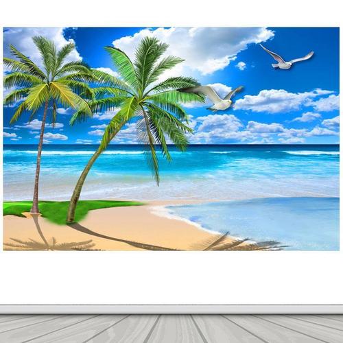 大海沙滩椰树蓝天白云沙滩风景画自粘画海报墙贴自然风景画