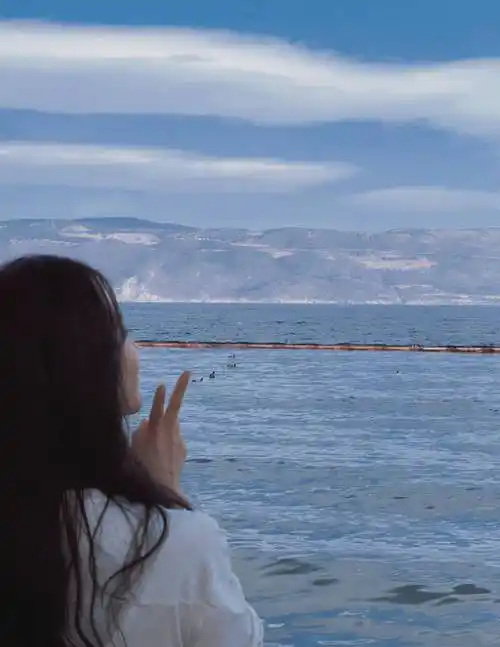 刘诗诗走走停停吹吹风随拍,白衬衫长卷发,面向大海比手叉_背影_网友