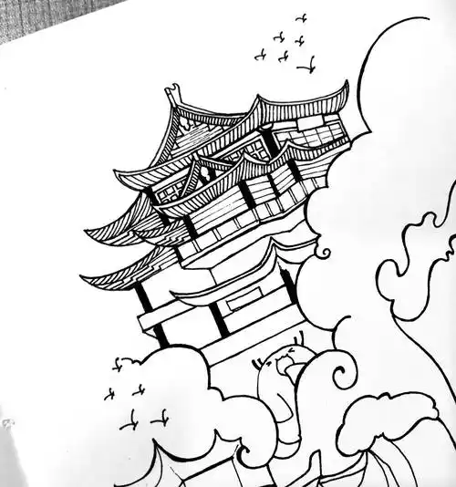 简笔画大全手绘线描简笔画古风建筑插画这是一组古建筑简笔画的娜容