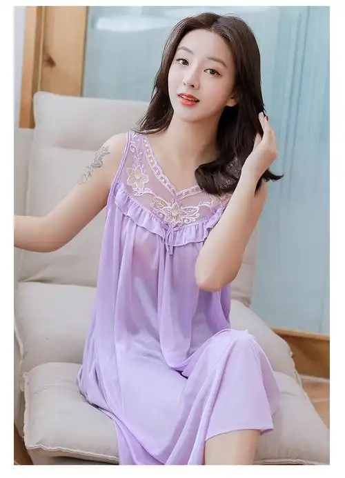 春夏季仿真丝睡裙女士性感情趣睡衣夏冰丝绸蕾丝大摆裙纯色家居服