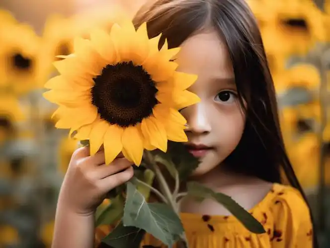 拿着向日葵的儿童小女孩向日葵花朵清新美好希望鲜花花束可爱唯美壁纸