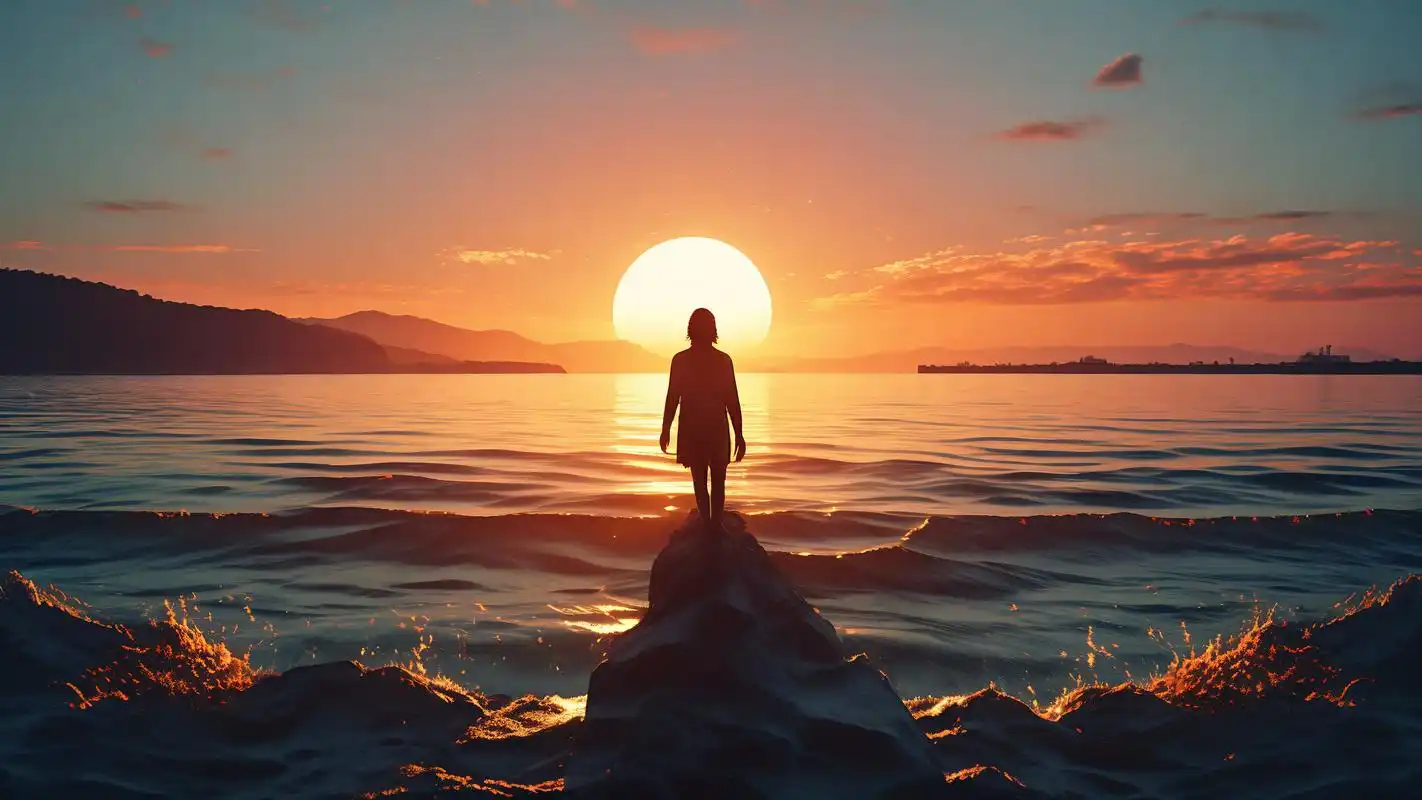 93海边孤独背影,落日余晖映心间98 在海边,落日余晖洒在无边的