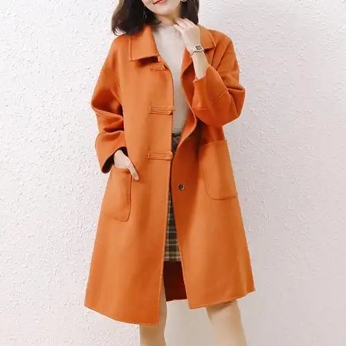 牛角扣双面呢羊绒橘色外套中长款2021秋冬新款韩版高端羊毛外套女