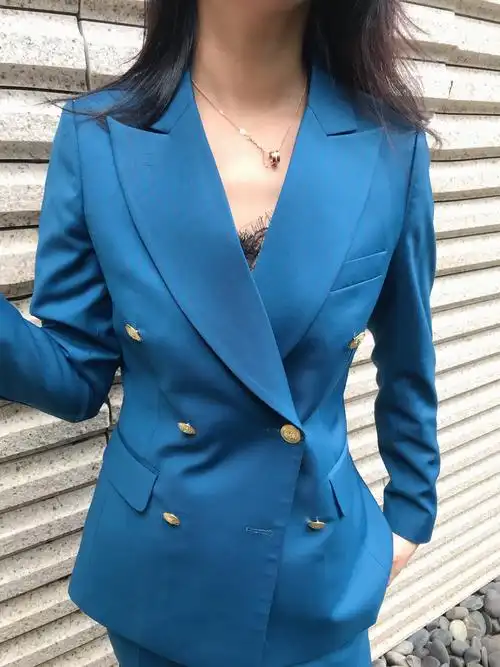新款藏蓝色条纹双排扣修身西装套装女时尚显瘦主持会议活动