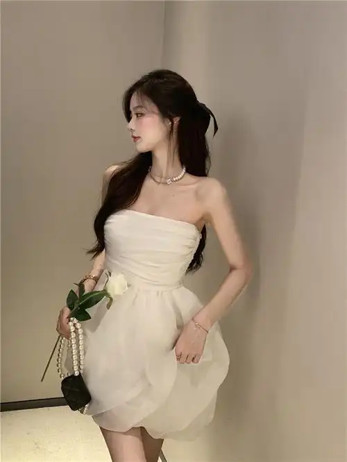 实拍 洋气ins仙女抹胸网纱裙性感露肩修身礼服连衣裙