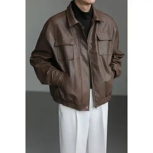 潮牌痞帅复古棕色pu皮衣短款机车夹克男春秋季感穿搭工装外套