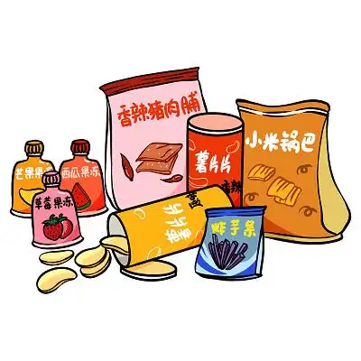 卡通零食大礼包零食元素怀旧小零食薯片饼干棒棒糖png素材吃货肥胖