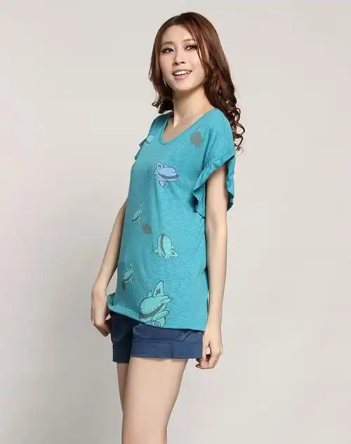 小飞机印图简约蓝绿色短袖t恤