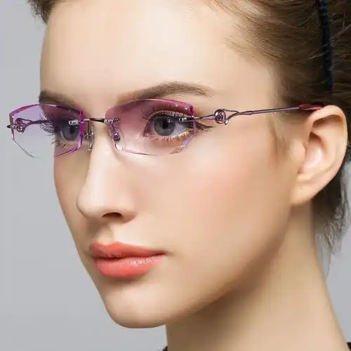 钻石切边镶钻眼镜女款纯钛无框眼镜框成品水晶近视眼镜架配眼睛