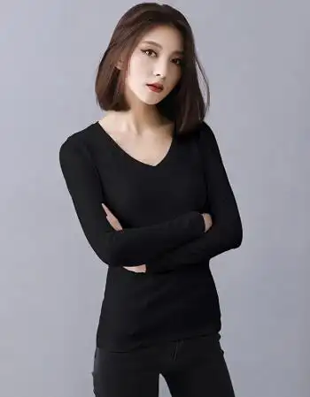 紧身v领长袖t恤女秋冬百搭纯棉秋衣韩版黑色外穿上衣显瘦打底衫女
